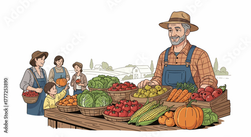 Farmer tending market stall produce shoppers and farm backdrop