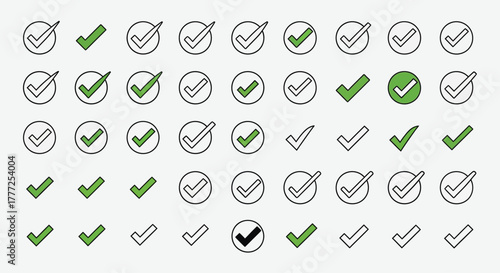 Set of check mark icons simple glyphs in various styles isolated on a white background