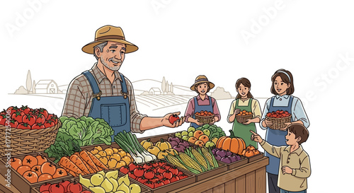 Farmer offers produce at a stand to women and a child Rural background