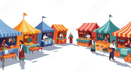 Market scene with colorful tents people and goods on tables