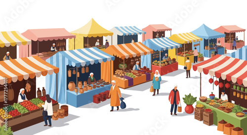 A bustling outdoor market scene with vendors in stalls and shoppers