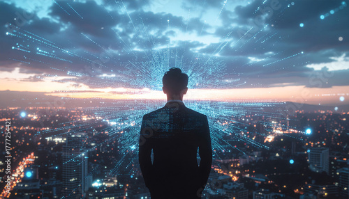 Wallpaper Mural Visionary leader overlooking illuminated cityscape with data connections, symbolizing innovation, strategic foresight, and the future of technology Torontodigital.ca