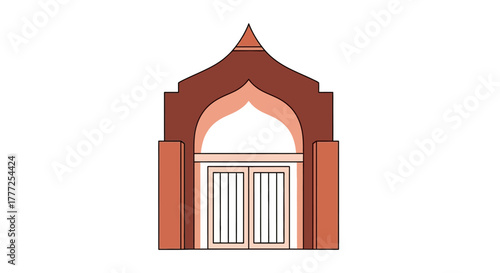 A reddishbrown gatehouse with an arched doorway and double doors set against a white backdrop