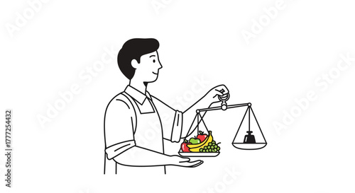 Man in apron holds a balance scale with fruit on one side  a weight on the other