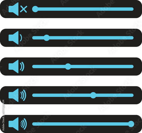 Volume Icon set.Audio player for songs or podcast playlist. Adjust mixer volume level. Equalizer symbol concept for control, filter, balance, tuning, options, and preferences.