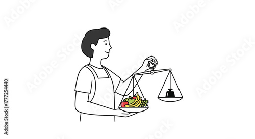 Person weighing fruit with scales banana apple grapes on a plate balanced against a weight