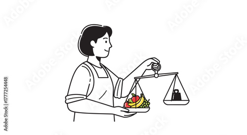 Woman with scales fruit on one side weight on the other