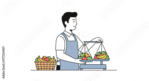 Person in apron weighing fruits on a balance scale next to a basket full of fruits