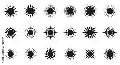 Set of sun icons various sunshine shapes in simple flat style design elements for weather forecast and summer themes