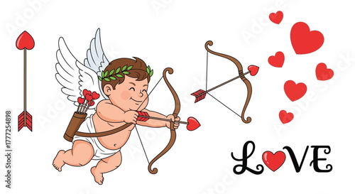 Cute cupid aiming an arrow with hearts a illustration for Valentines Day isolated on white background