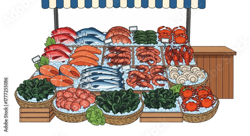 A bustling seafood market display with fish shellfish and crustaceans arranged on ice in baskets and trays