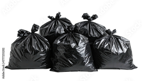 Five black garbage bags stacked against a black background