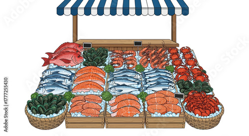 A seafood stand displays various fish shrimp crabs mussels and salmon