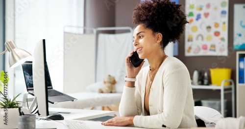 Doctor, woman or computer in office with phone call for pediatric booking, child healthcare or help. Laptop, person or pediatrician talking with tech for contact, kids medical appointment or checkup.