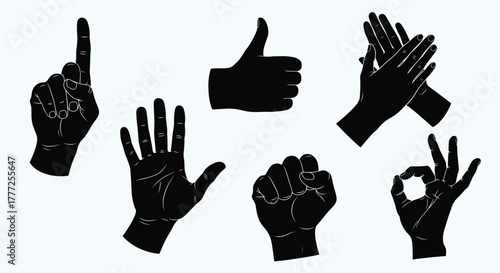 Set of hand gesture illustrations black and white silhouette style ideal for communication and expressing emotions