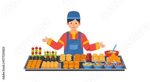 Street vendor in blue cap presents food on a black counter offering skewers buns and soup in a friendly pose