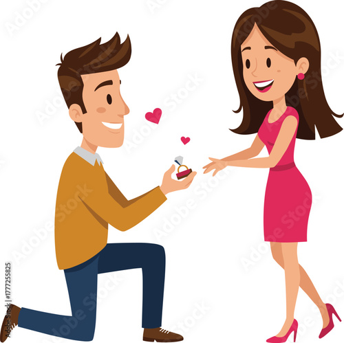 Cartoon man proposing to woman with diamond ring, romantic couple illustration, love, engagement, marriage proposal, relationship, wedding, romance, hearts