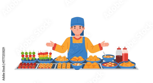 A street vendor with a spread of foods and sauces wearing a blue hat and apron presents his wares