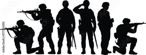 Black silhouette of soldiers with rifles in various poses