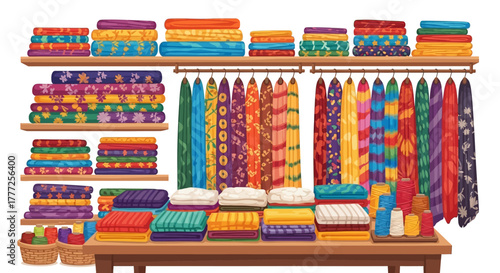 Colorful fabrics are displayed on shelves hangers and tables