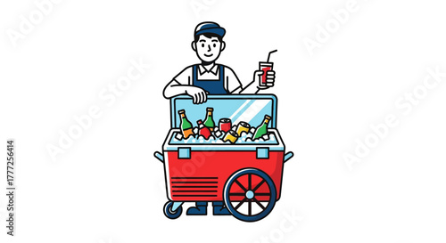 A man in uniform stands behind a red cooler with beverages holding a drink