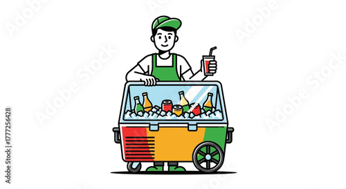 A vendor holds a drink while standing by a cold beverage cart selling bottled and canned drinks