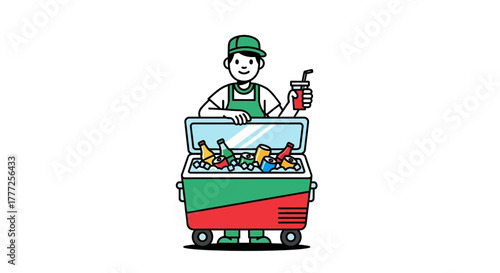 Vendor wcooler full of drinks Has cap apron  drink wstraw