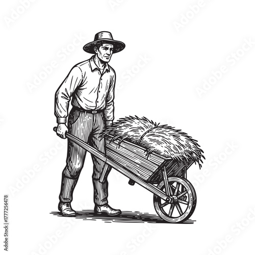 Farmer Pushing Hay Wheelbarrow Engraving Vector Illustration