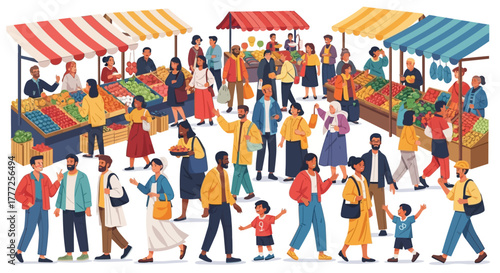 Vibrant market scene with diverse crowd browsing stalls of fresh produce under striped awnings