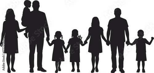 Black silhouette of big happy family holding hands together, parents and children unity concept on white background, family love connection illustration