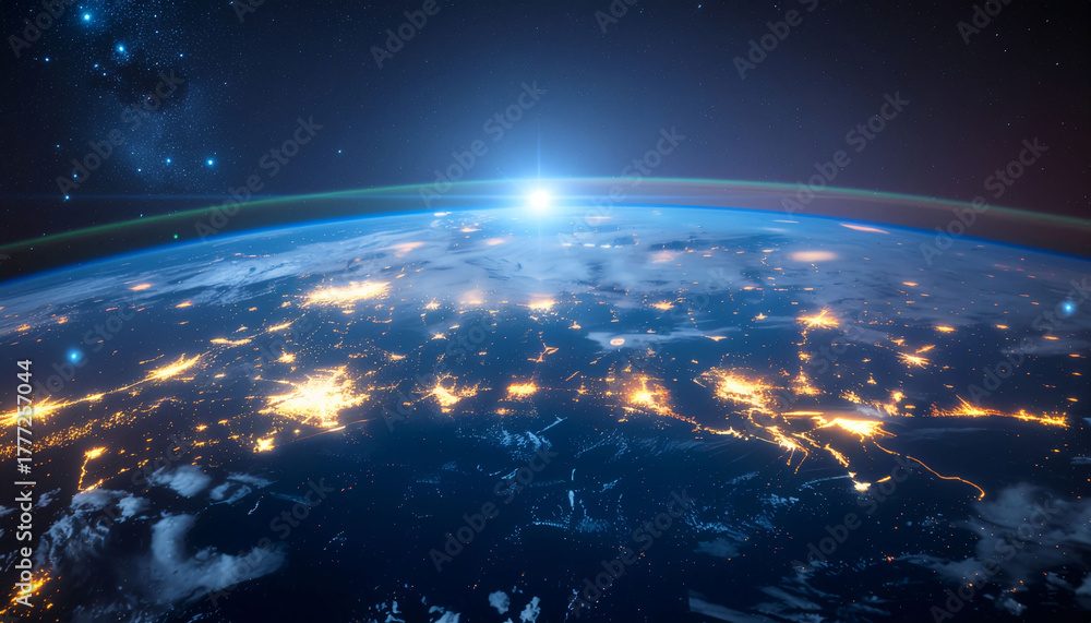 Fototapeta premium Stunning aerial view of Earth at night from space, illuminated cities glowing brightly under a starry sky with a vibrant sunrise on the horizon.