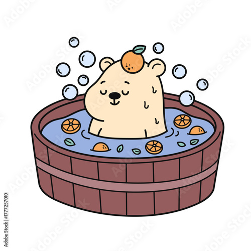 Capybara bathing in wooden tub with citrus fruit slices and bubbles. Flat cartoon style vector illustration isolated on white background