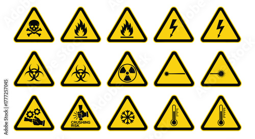 Set of hazard warning signs triangular yellow icons for dangerous situations illustration isolated on white background