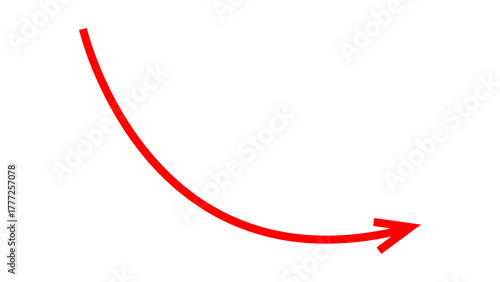 Long curved red arrow pointing downward direction. Downfall arrow sign. Moving down curve arrow. Vector illustration.