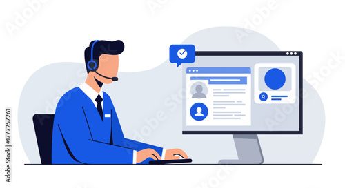 Customer Service Representative Working on Computer with Headset.