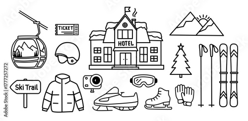 Hand drawn vector icon set for ski resorts, including gondola lift, hotel, mountain, trail sign, skis, poles, helmet, gloves, jacket, action camera, snowmobile, skates, ticket, tree, and goggles. 