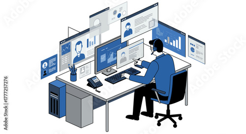 Customer Service Representative Working with Multiple Computer Screens.