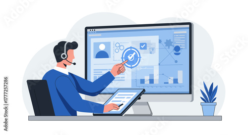 Customer Service Representative Pointing at Computer Screen.