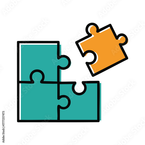 Puzzle pieces coming together with lone piece.