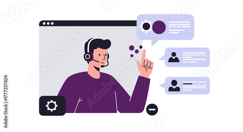 Customer Service Representative with Headset and Speech Bubbles.