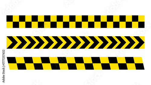Black and yellow cautionary tape set for safety hazard zones roads and construction. Caution ribbons warning lines for danger area, police accidents and construction. Vector illustration.