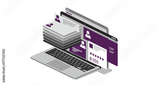 Isometric Laptop Displaying Online Reviews and Resumes.