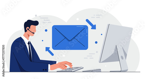 Customer Service Representative Working with Email and Computer.