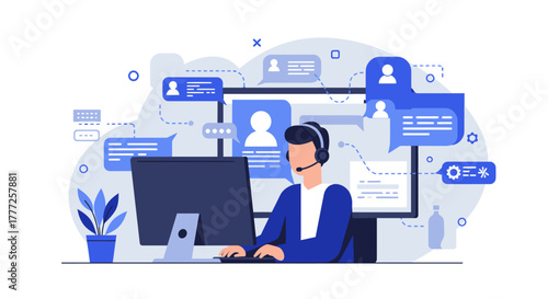 Customer Service Representative Working on Computer with Headset.