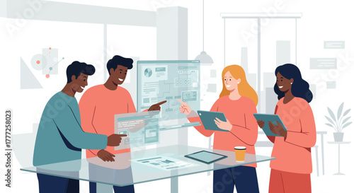 Diverse Team Collaborating Around Transparent Digital Display.