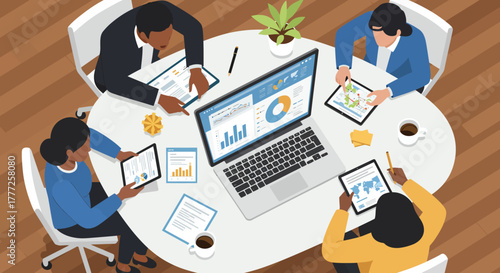 Business Team Analyzing Data on Laptop and Tablets.