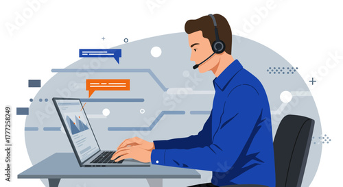 Customer Service Representative Working on Laptop with Headset.