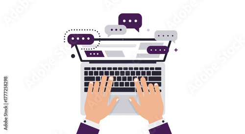 Person Typing on Laptop with Chat Bubbles.