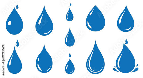 Collection of blue water drop icons simple flat design elements isolated on a white background