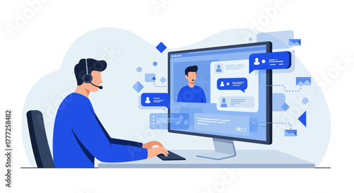 Customer Service Representative Working on Computer with Headset.